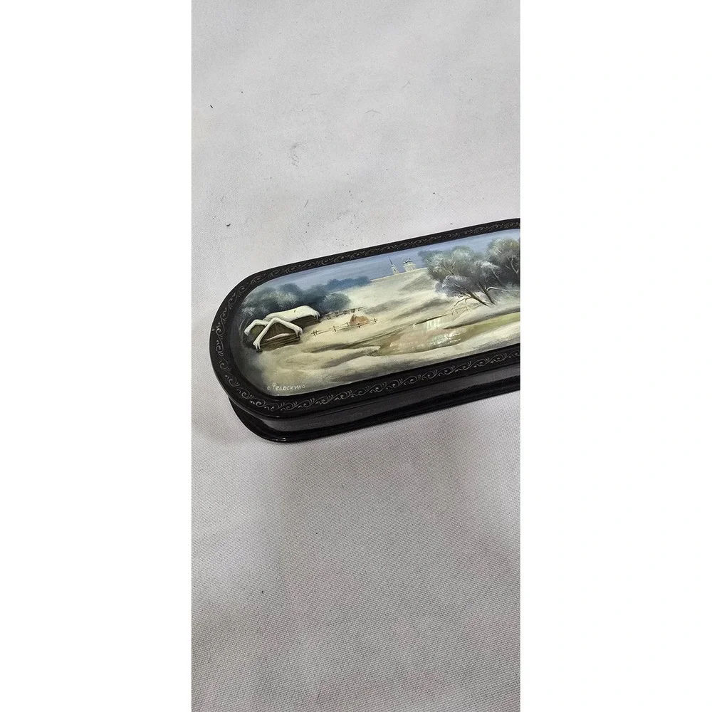 Vtg Russian Lacquer hard eyeglass case box hand painted‎ Fedoskino nature